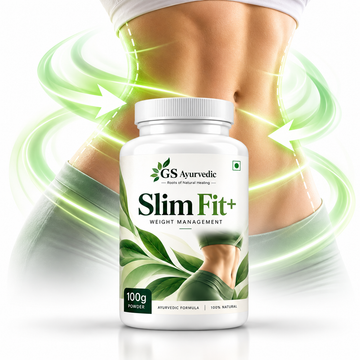 A bottle of GS Ayurvedic Slim Fit+ Weight Management powder shown in front of a cropped torso with glowing green energy swirls and arrows, on a white background.