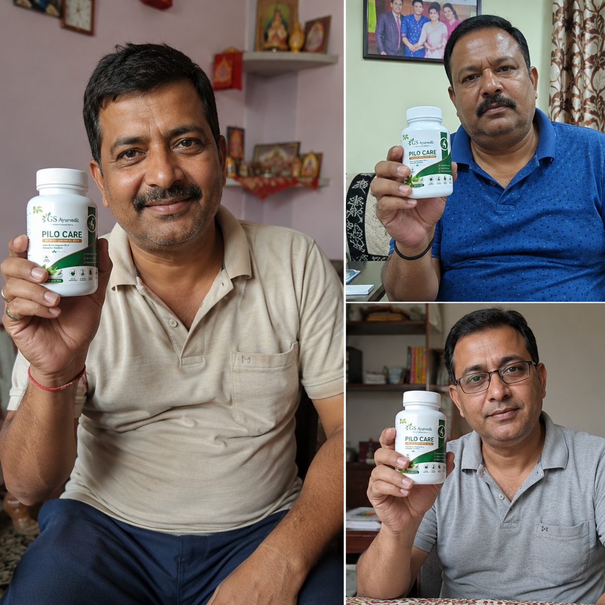 A three-panel collage showing three different men holding up a white bottle of PLO-CARE dietary supplements in their home environments.